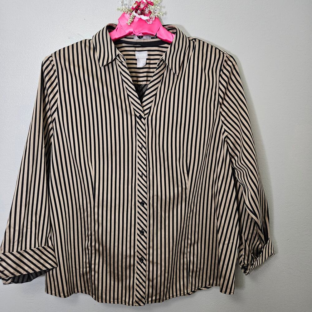 Chico's Womens Size 3 XL 16/18 No Iron Striped Button Shirt Striped Preppy Chic